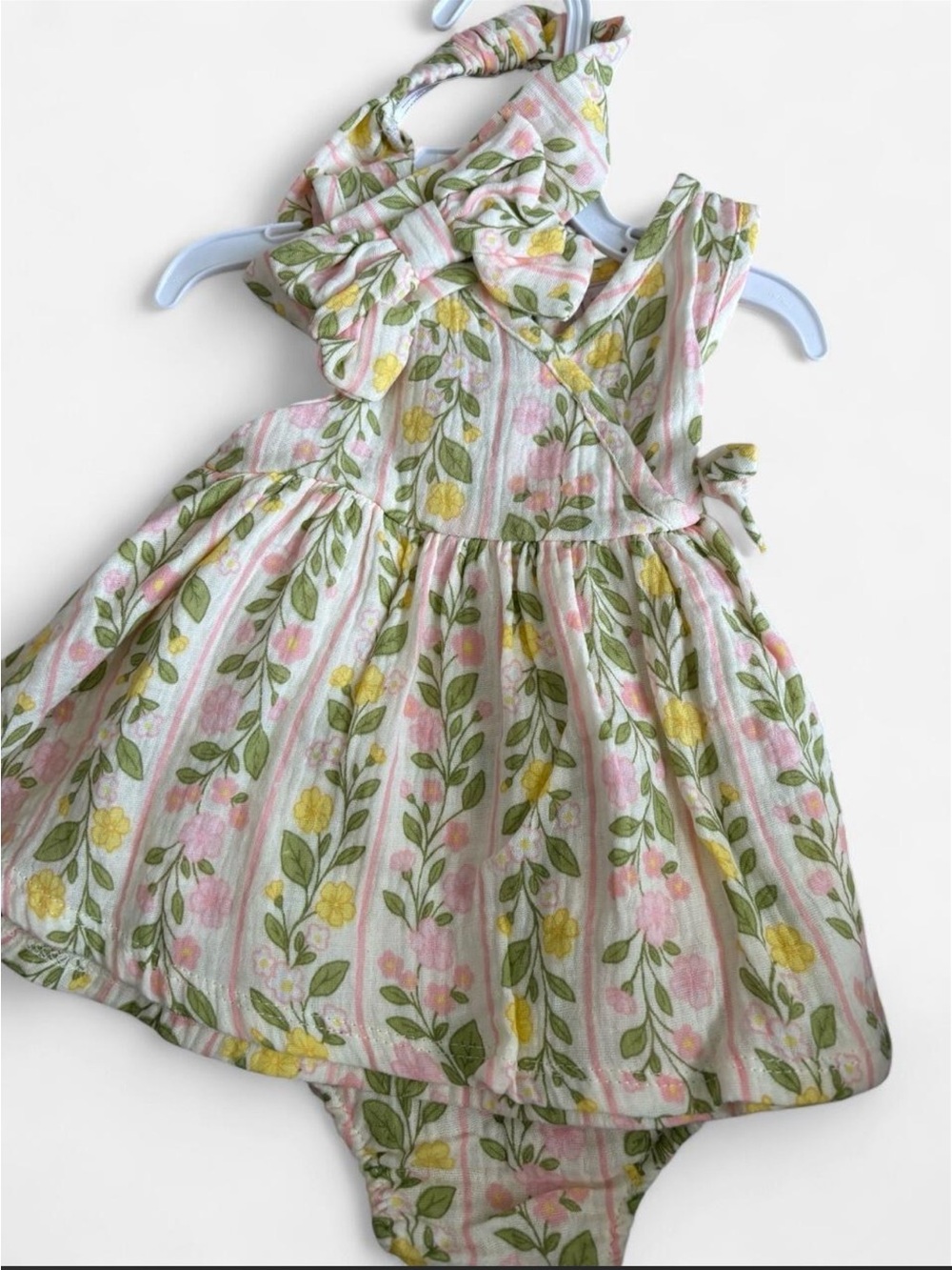 Girls Floral Pink & Yellow Cotton Dress with Matching Headband